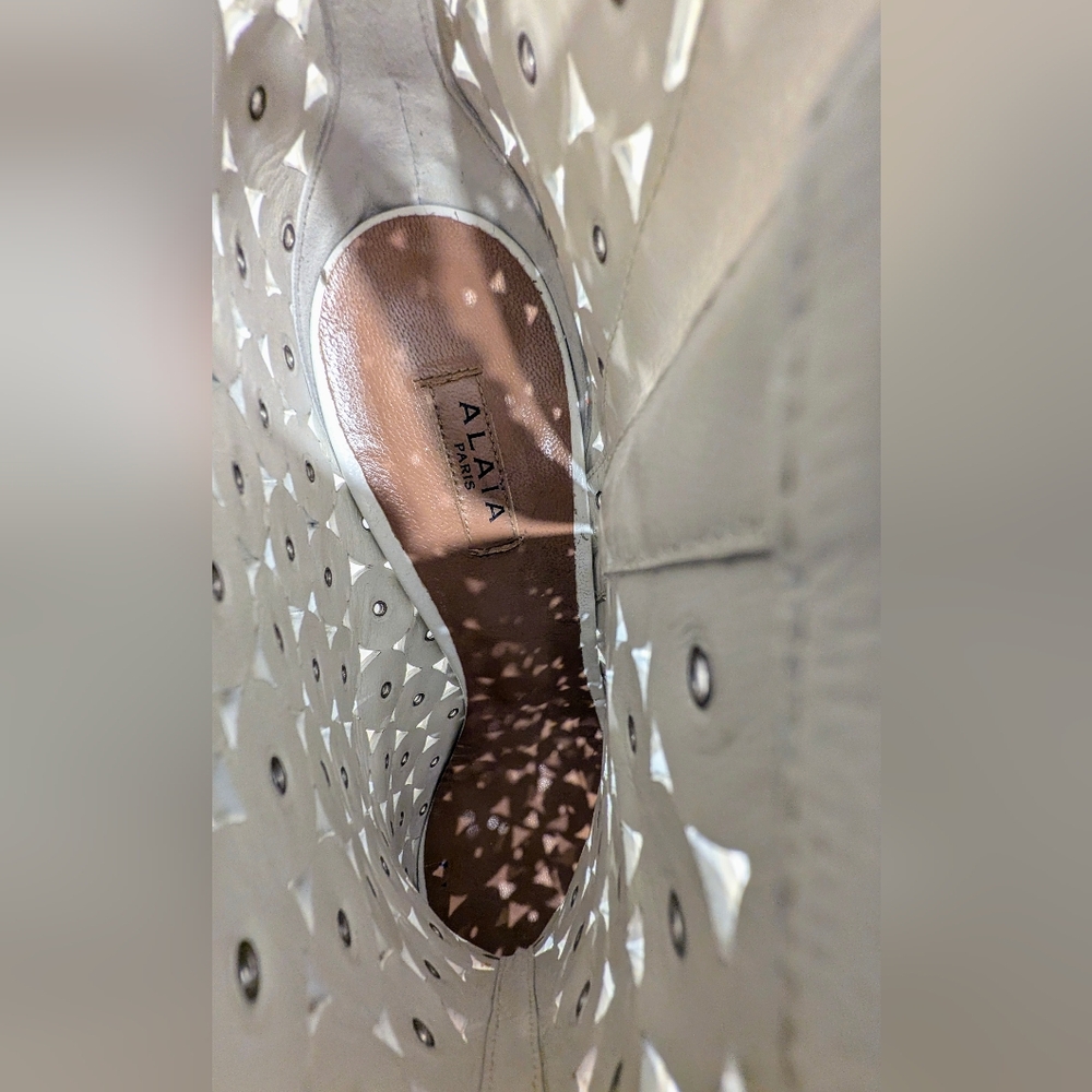 Alaia White Leather Laser Cut Heeled Boots with Grommets - Picture 9 of 10